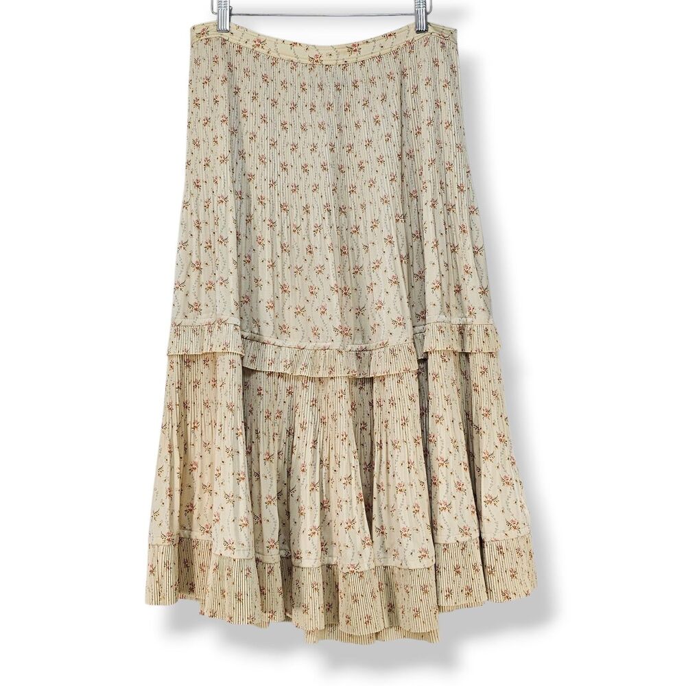 Polo Ralph Lauren Jaclyn Pleated Floral Midi Skirt Size 12 Tiered Ruffle Cream - Picture 2 of 9